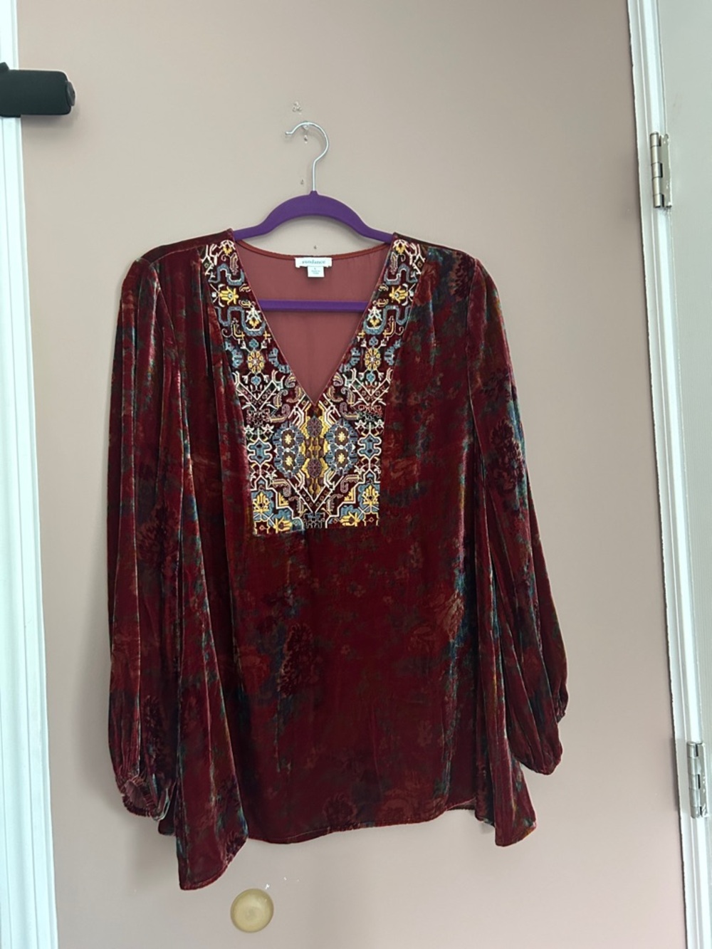 Sundance Red Burgundy Velvet V-Neck Boho Blouse Top Embroidered Size Large - Picture 10 of 11